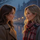 Twilight Street Scene with Two Women Sharing a Smile