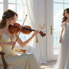 Elegant Room with Women in Gowns and Violin