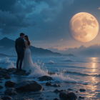 Couple Embracing on Rocky Shore Under Starry Sky