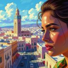 Vibrant Cityscape with Thoughtful Young Woman