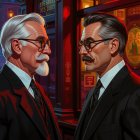 Sophisticated Men in Dark Suits Under Storefront Lights