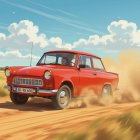Red Car on Dusty Road with Fields and Blue Sky