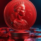 Large Red Coin with Regal Figure and Smaller Coins