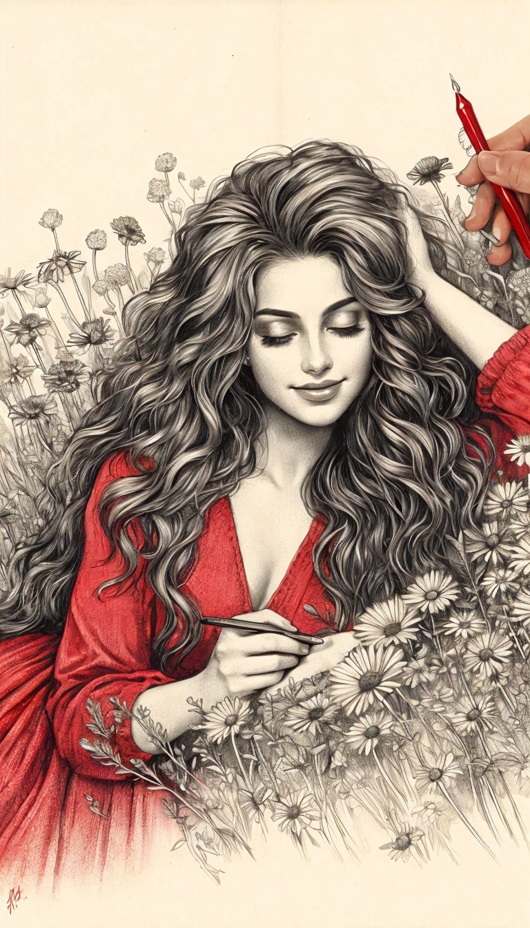 Detailed Drawing of a Woman in a Flower Field