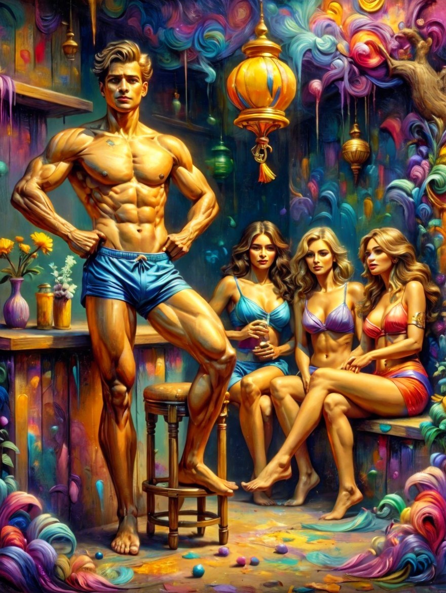 Surreal Scene with Muscular Man and Glamorous Women