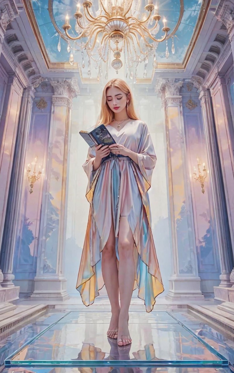 Elegant woman in opulent setting with chandelier