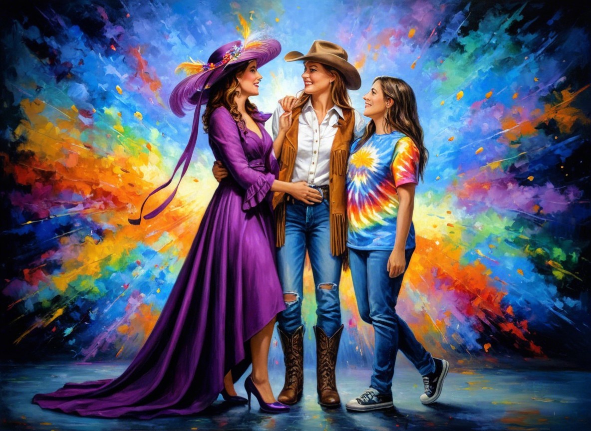 Three Women in Vibrant Outfits with Abstract Background