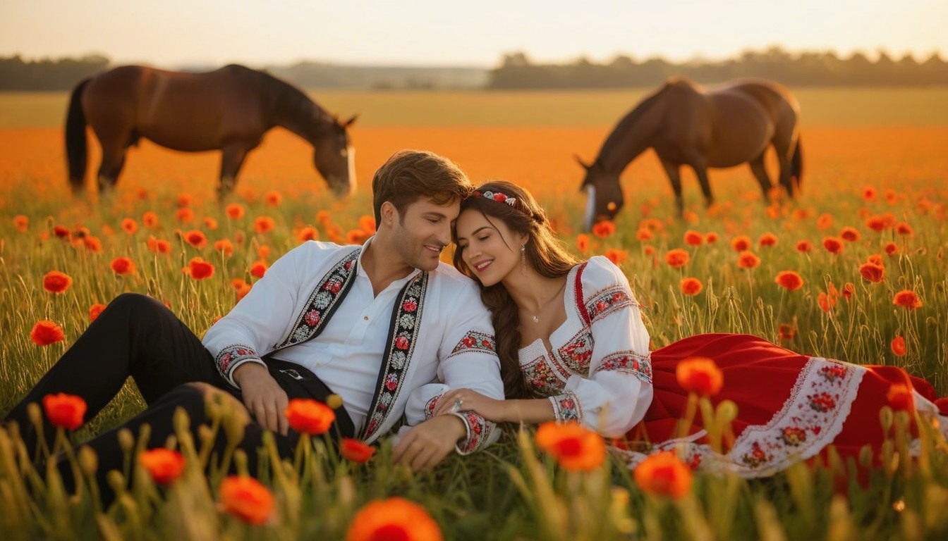 Couple in Traditional Attire in Flower Field