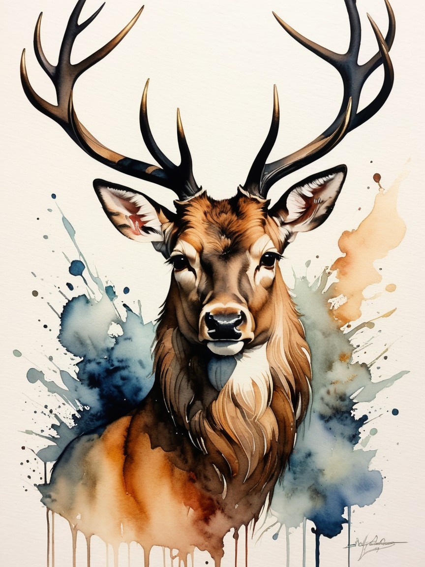 Illustration of a deer with antlers in watercolor style