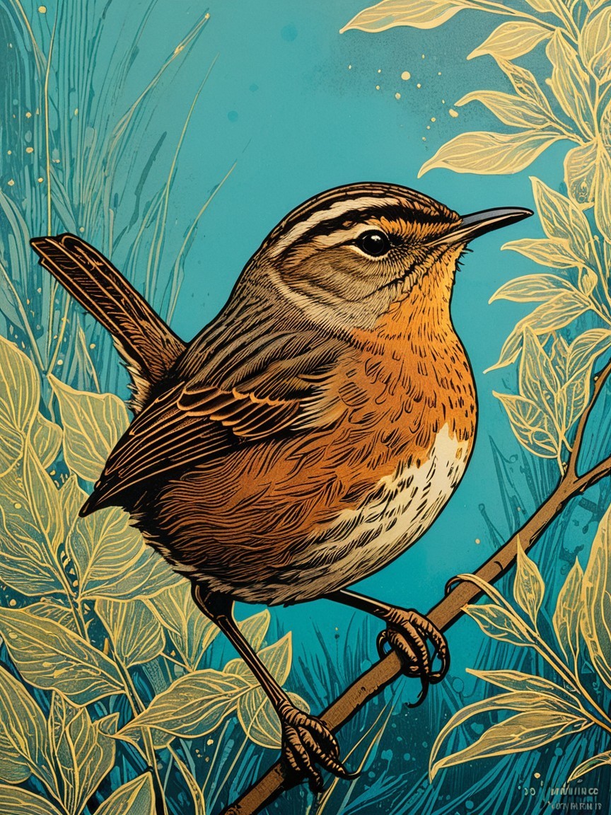 Illustration of a bird on a branch in nature scene