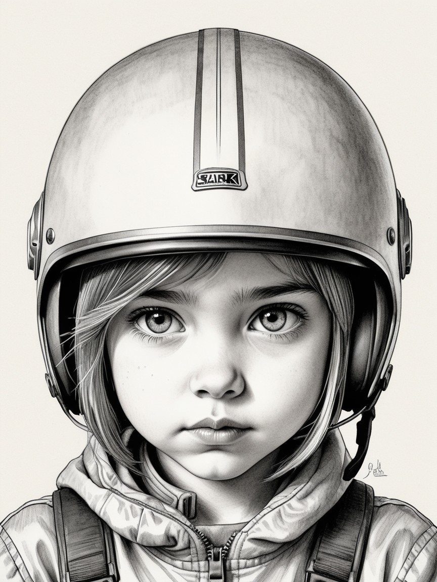 Pencil Drawing of a Serious Child in Helmet and Headphones