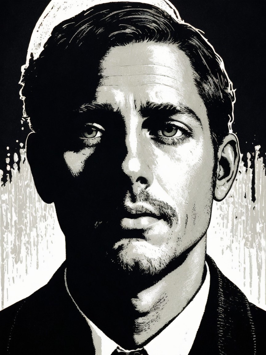 Black and white portrait of a man with intense gaze