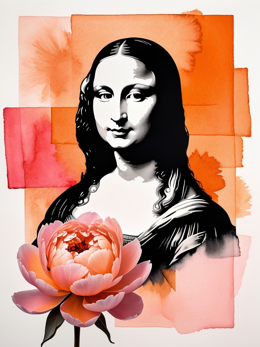 Stylized Mona Lisa with Pink Peony and Watercolor Background