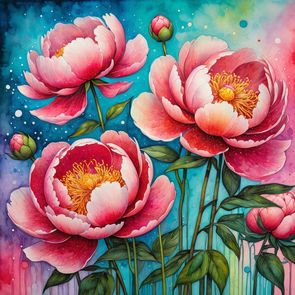 Vibrant Watercolor of Pink Peonies with Turquoise Background