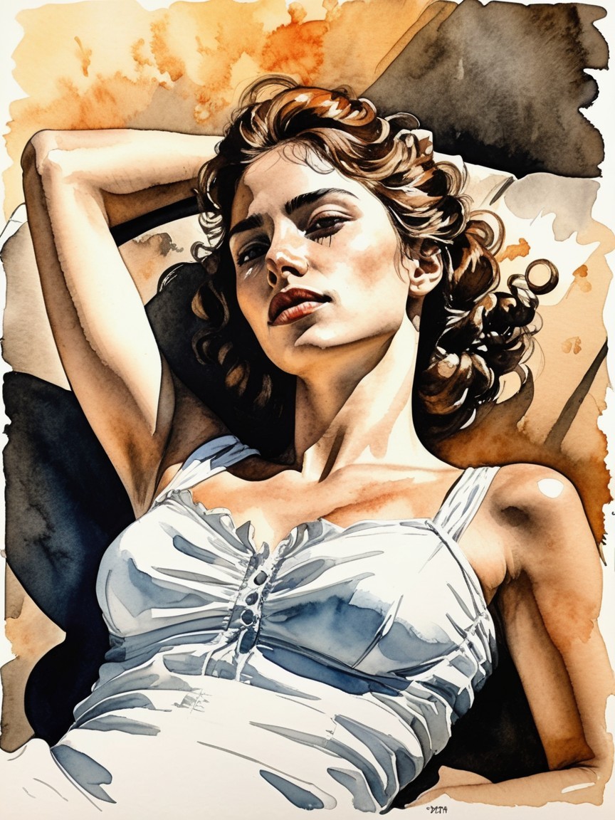 Reclining Woman in Sunlit Watercolor Setting