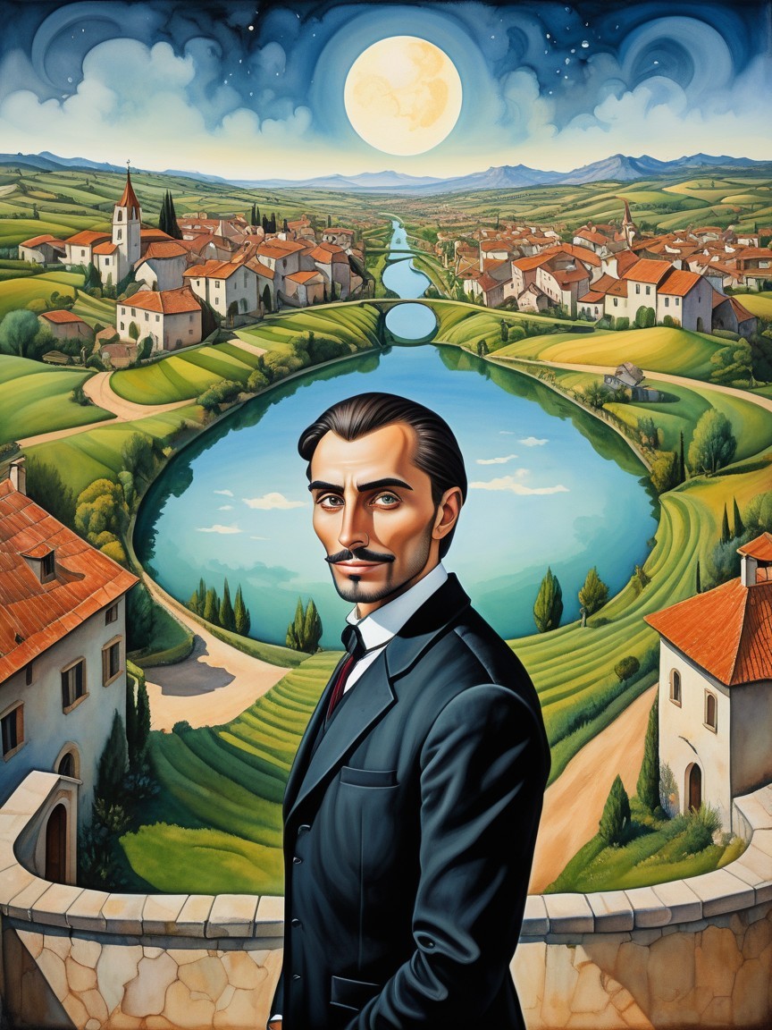 Man in Black Suit Against Serene River Valley Scene