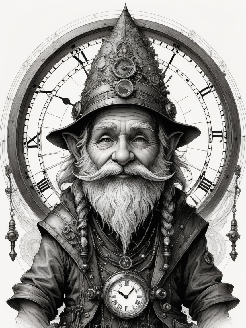 Whimsical Figure with Clock-themed Attire and Background