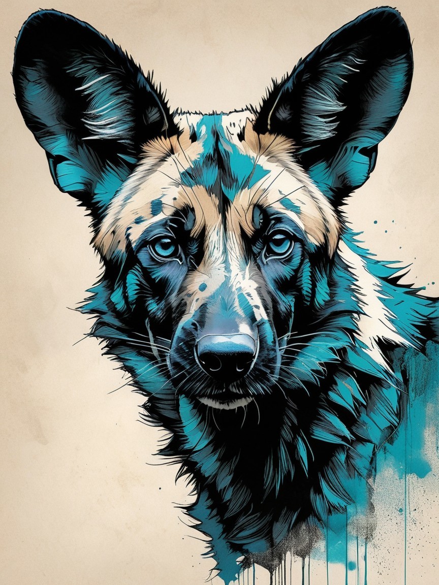 Illustration of a Dog with Bold Lines and Blue Accents