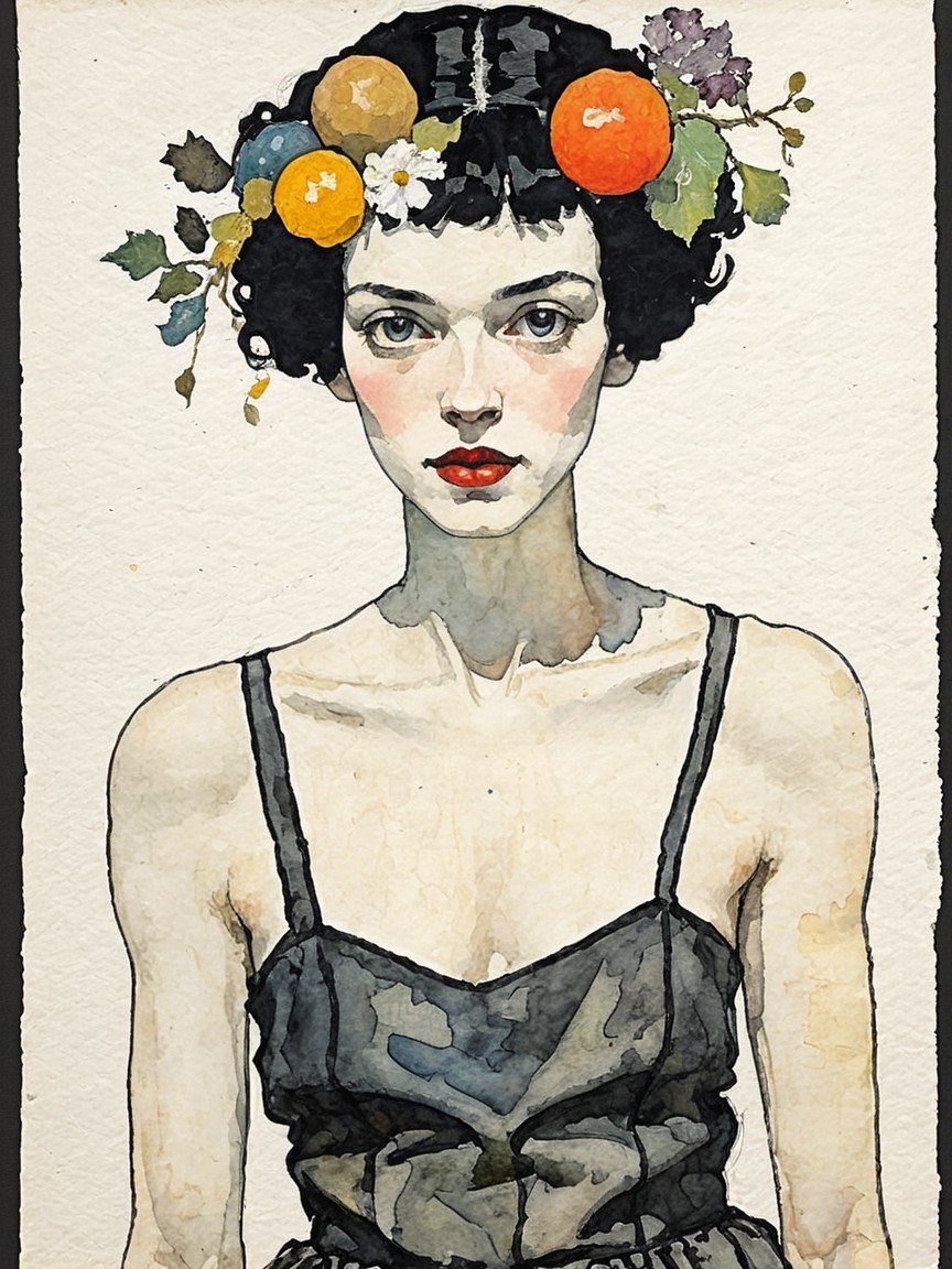 Watercolor Illustration of Woman with Fruit Crown