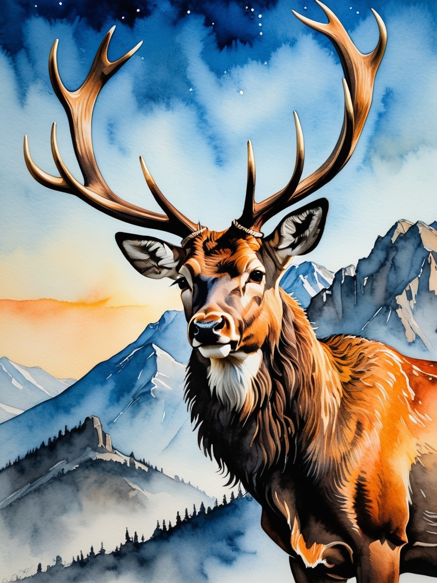 Stag Against Mountains and Colorful Sunset Landscape
