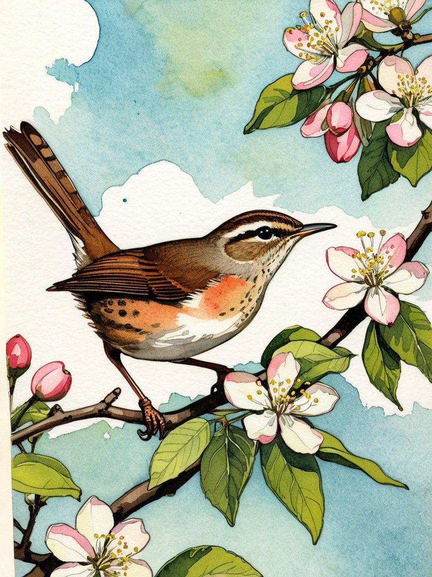 Illustration of a bird on a flower-adorned branch