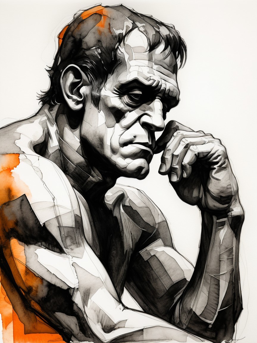 Monochromatic Illustration of Contemplative Muscular Figure