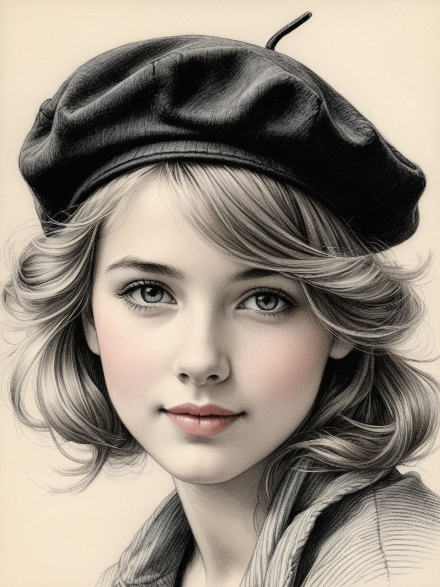 Young girl with blonde hair and black beret details