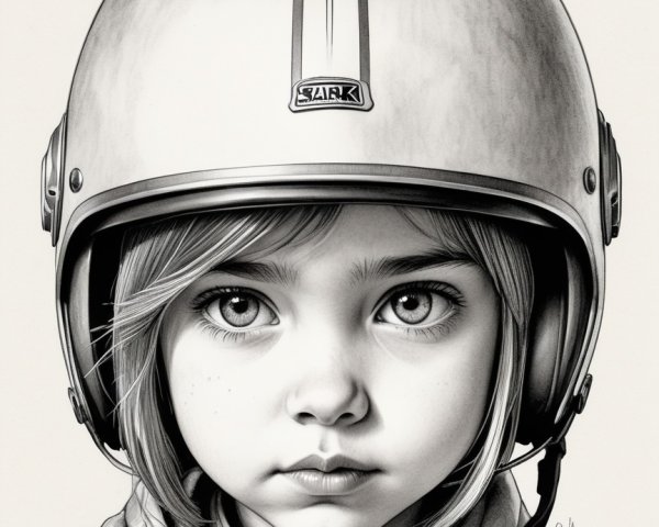 Pencil Drawing of a Serious Child in Helmet and Headphones