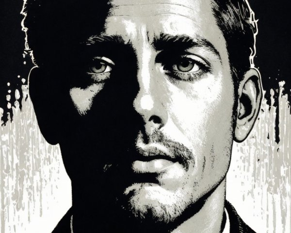 Black and white portrait of a man with intense gaze