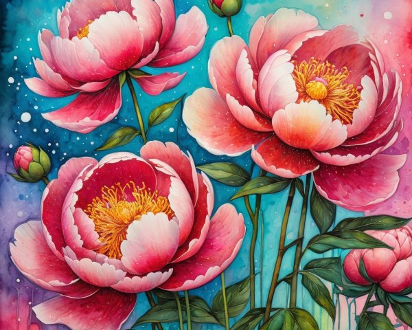 Vibrant Watercolor of Pink Peonies with Turquoise Background