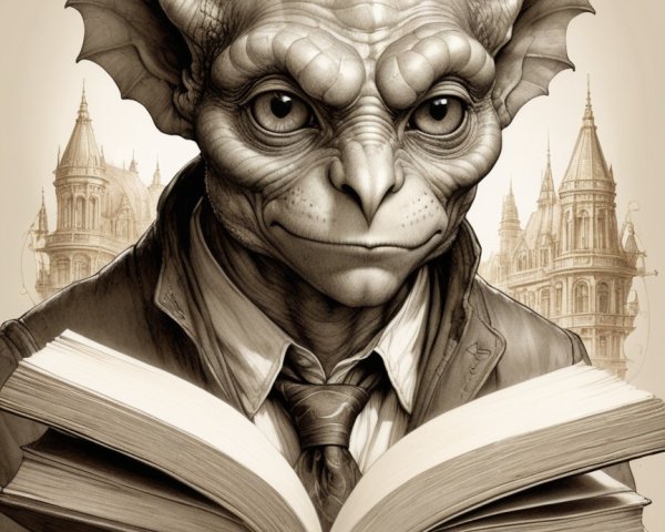 Fantastical Goblin-Dragon Creature in Gothic Setting