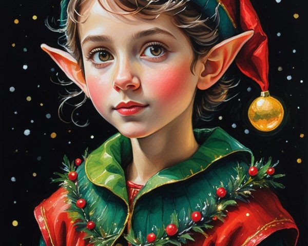 Young Elf in Festive Holiday Outfit with Snowflakes