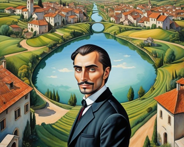 Man in Black Suit Against Serene River Valley Scene