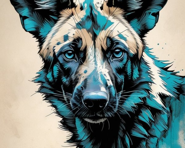 Illustration of a Dog with Bold Lines and Blue Accents