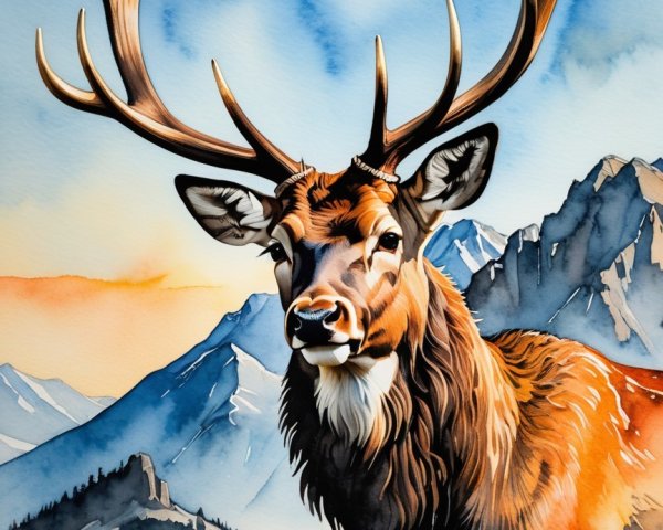 Stag Against Mountains and Colorful Sunset Landscape
