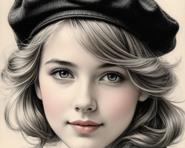 Young girl with blonde hair and black beret details
