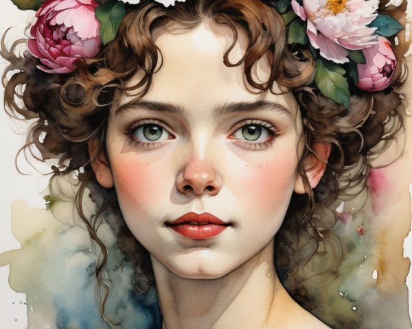 Young woman with floral crown in watercolor style