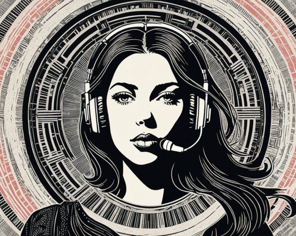 Black and white illustration of a confident woman with headset