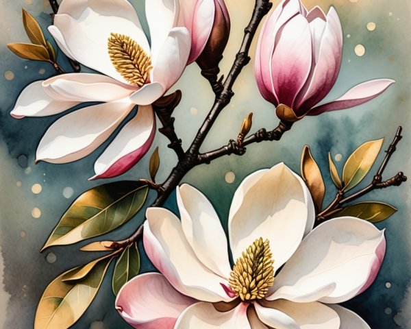 Vibrant Watercolor Illustration of Magnolia Flowers