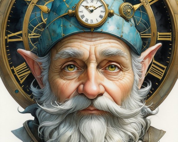 Whimsical Gnome with Clock and Steampunk Elements
