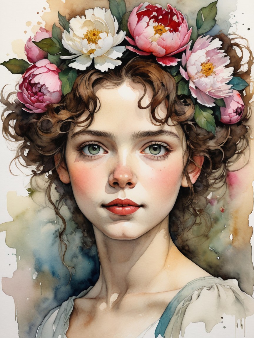 Young woman with floral crown in watercolor style