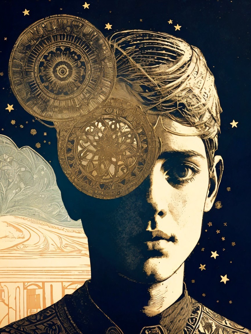 Portrait of a Boy with Cosmic Astronomical Designs