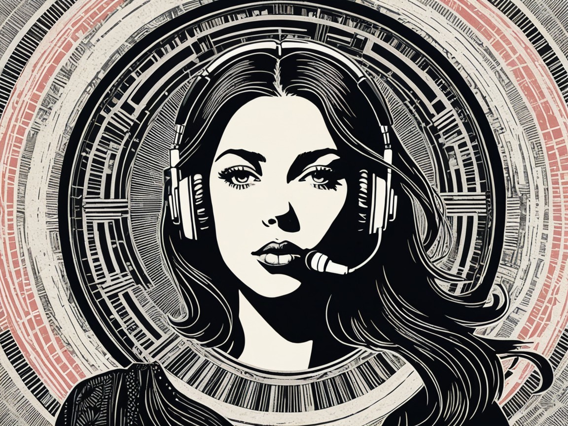 Black and white illustration of a confident woman with headset