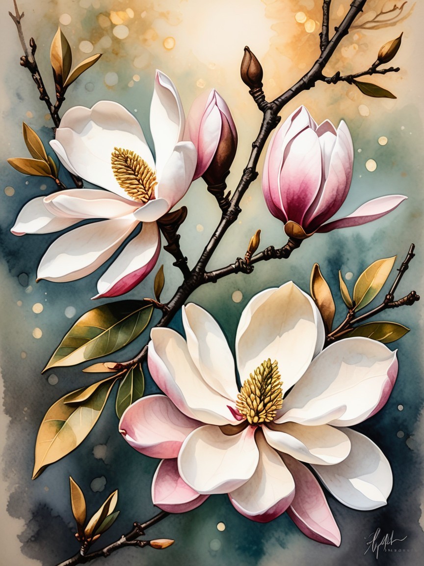Vibrant Watercolor Illustration of Magnolia Flowers