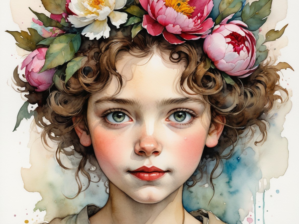 Young girl with floral crown and watercolor background