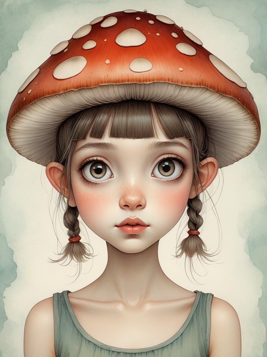Whimsical Portrait of a Young Girl with Mushroom Hat