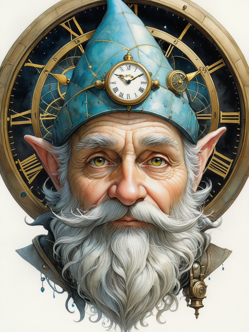 Whimsical Gnome with Clock and Steampunk Elements