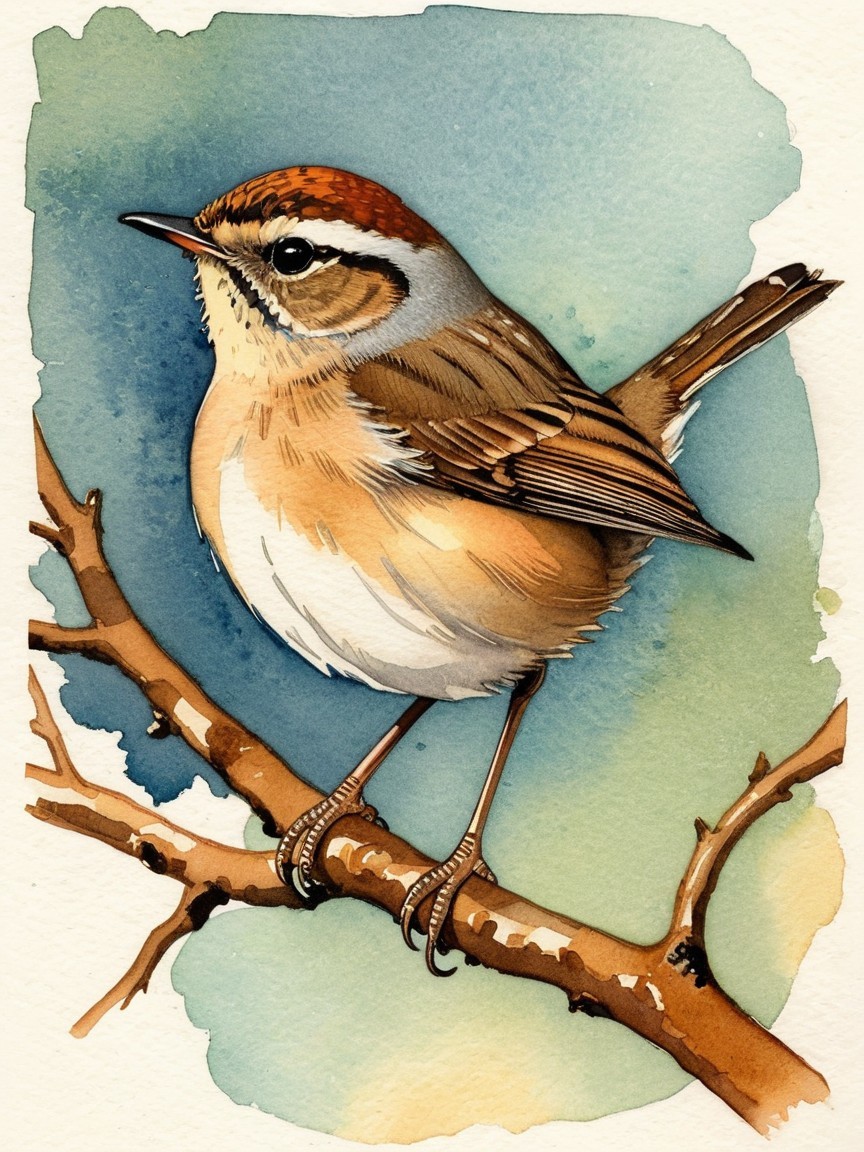Illustration of a Brown and Cream Bird on a Branch