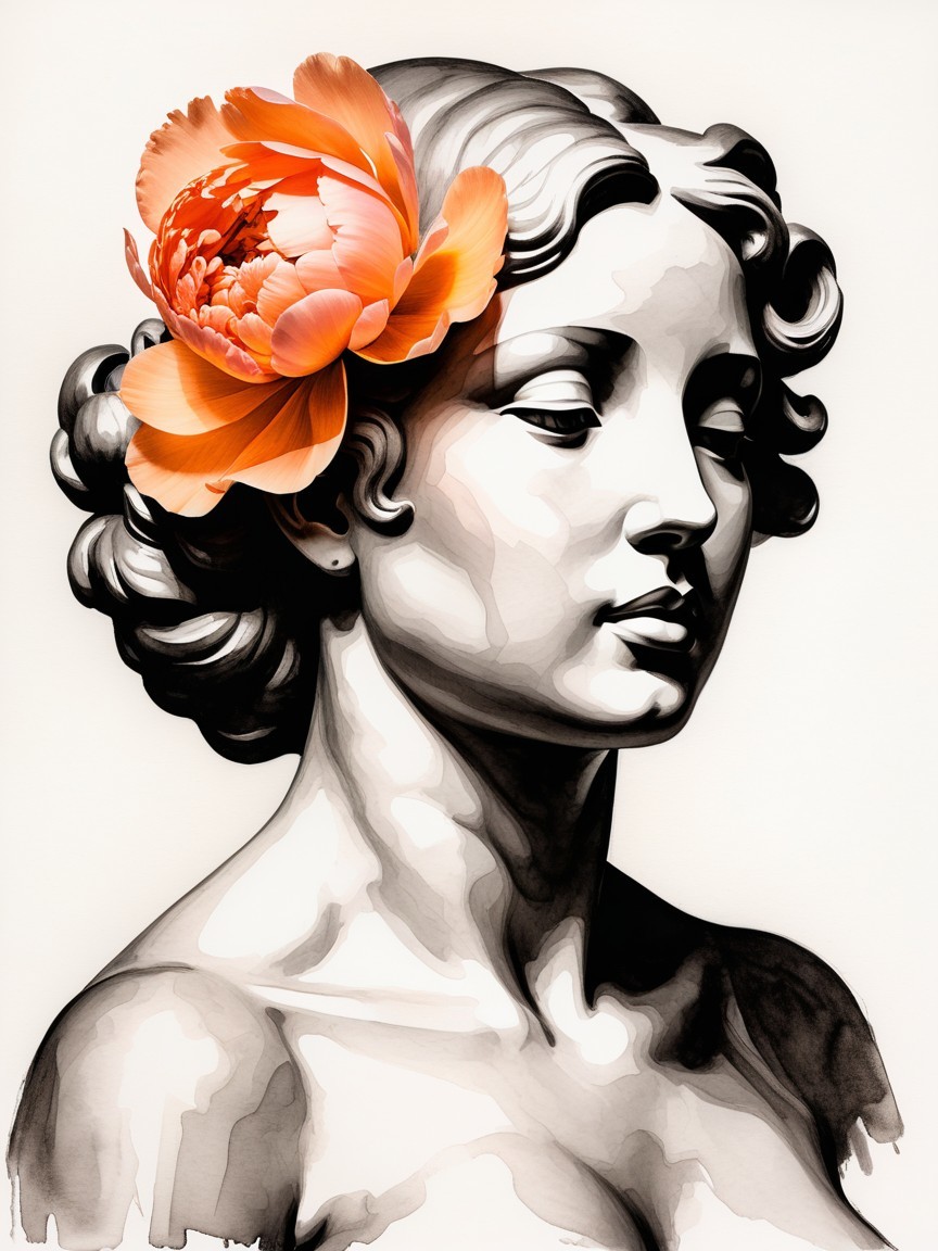 Classical Bust of Woman with Peony Accent