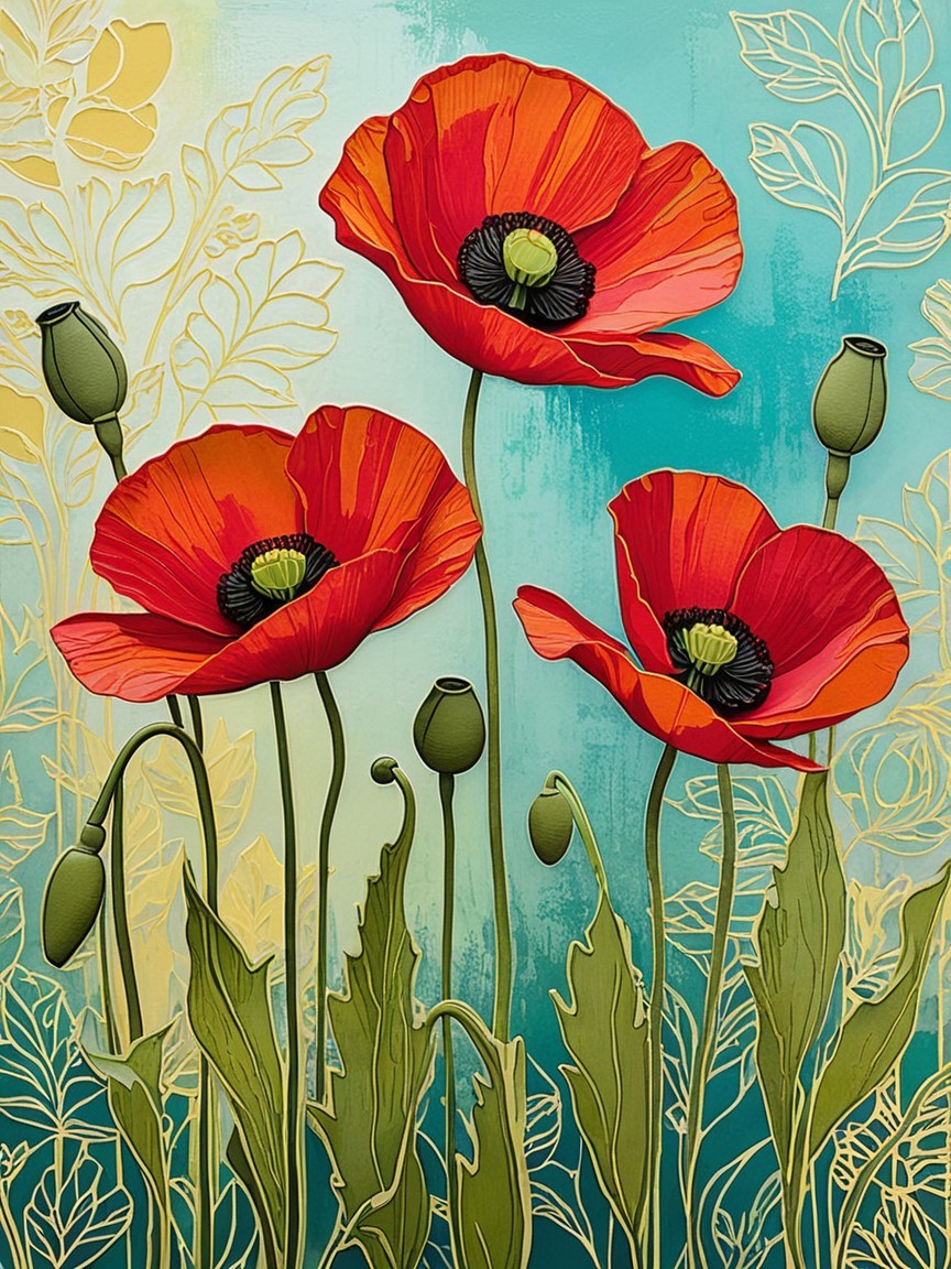 Vibrant Red Poppy Flowers on Aqua Background